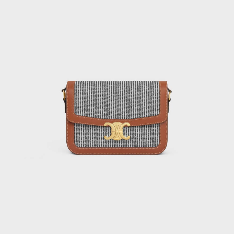 Celine Classique Bag In Çizgili Tekstil And Calfskin Triomphe Koyu Gri | CL-593179