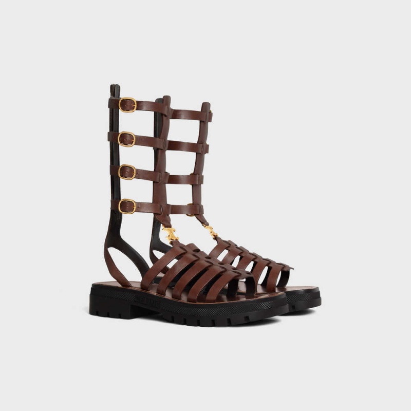 Celine Clea Triomphe Gladiator Mid Cut In Calfskin & Vegetal Tanning Sandalet Koyu Kahverengi | CL-592576