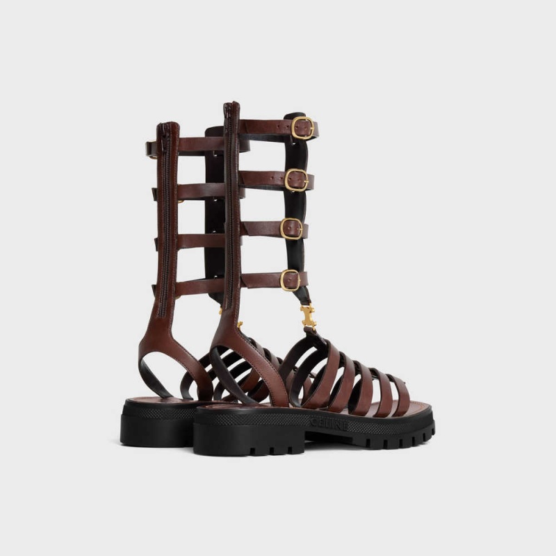 Celine Clea Triomphe Gladiator Mid Cut In Calfskin & Vegetal Tanning Sandalet Koyu Kahverengi | CL-592576