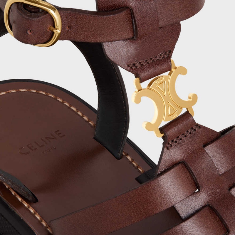 Celine Clea Triomphe Gladiator Mid Cut In Calfskin & Vegetal Tanning Sandalet Koyu Kahverengi | CL-592576