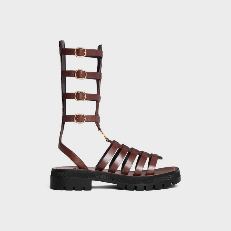 Celine Clea Triomphe Gladiator Mid Cut In Calfskin & Vegetal Tanning Sandalet Koyu Kahverengi | CL-592576
