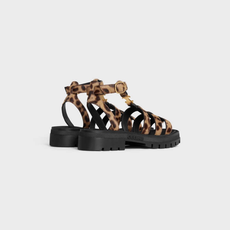 Celine Clea Triomphe Gladiator Tıknaz In Leopard Printed Hairy Calfskin Sandalet Siyah Kahverengi Bej Rengi | CL-592573