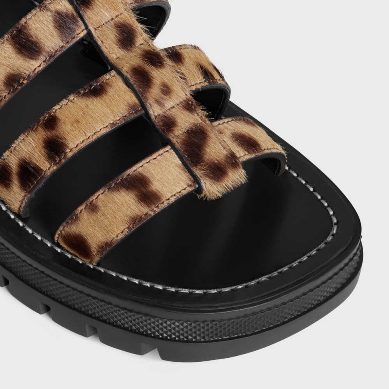 Celine Clea Triomphe Gladiator Tıknaz In Leopard Printed Hairy Calfskin Sandalet Siyah Kahverengi Bej Rengi | CL-592573
