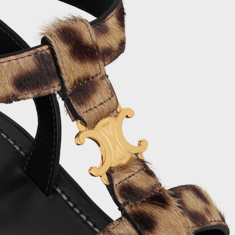 Celine Clea Triomphe Gladiator Tıknaz In Leopard Printed Hairy Calfskin Sandalet Siyah Kahverengi Bej Rengi | CL-592573