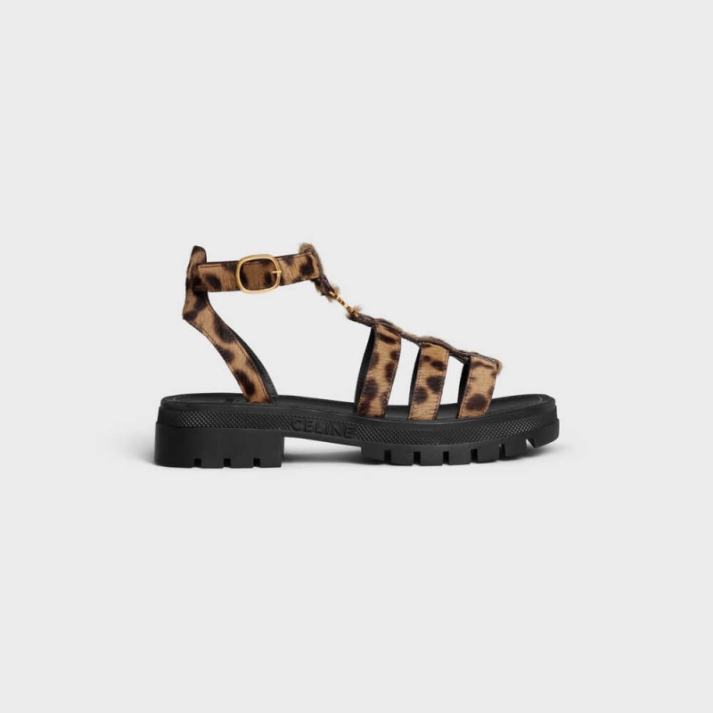 Celine Clea Triomphe Gladiator Tıknaz In Leopard Printed Hairy Calfskin Sandalet Siyah Kahverengi Bej Rengi | CL-592573