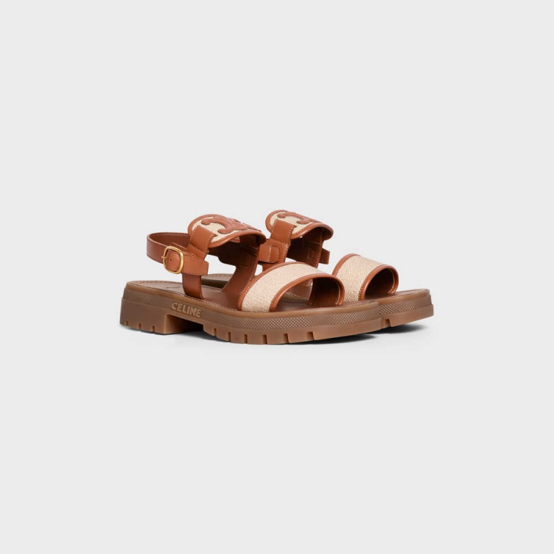 Celine Clea Triomphe In Calfskin - Vegetal Tanning & Kanvas Sandalet Kahverengi Koyu Bej Rengi | CL-592571