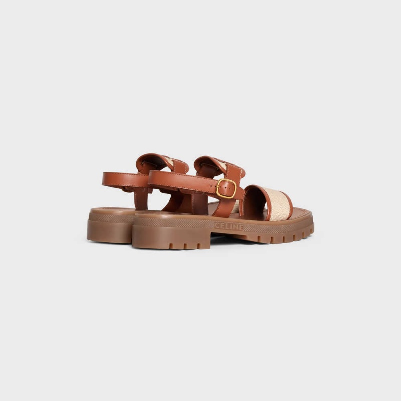 Celine Clea Triomphe In Calfskin - Vegetal Tanning & Kanvas Sandalet Kahverengi Koyu Bej Rengi | CL-592571