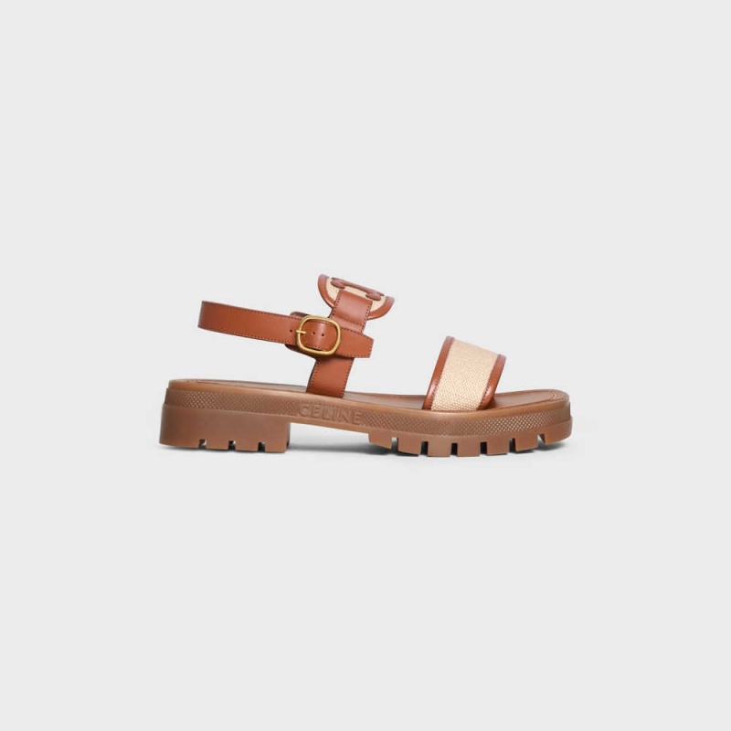 Celine Clea Triomphe In Calfskin - Vegetal Tanning & Kanvas Sandalet Kahverengi Koyu Bej Rengi | CL-592571