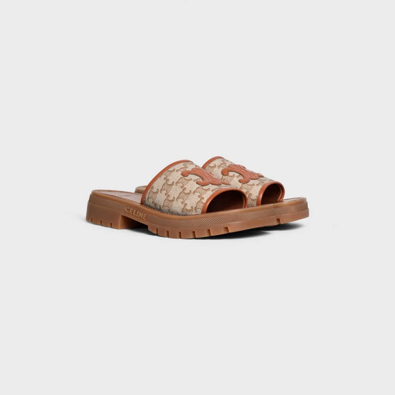 Celine Clea Triomphe Terlik In Triomphe Stamped Kanvas & Calfskin Sandalet Kahverengi Bej Rengi | CL-592569