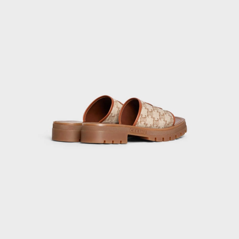 Celine Clea Triomphe Terlik In Triomphe Stamped Kanvas & Calfskin Sandalet Kahverengi Bej Rengi | CL-592569