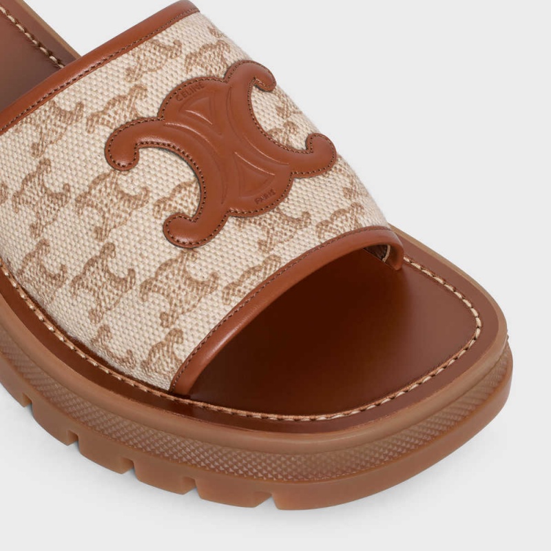 Celine Clea Triomphe Terlik In Triomphe Stamped Kanvas & Calfskin Sandalet Kahverengi Bej Rengi | CL-592569