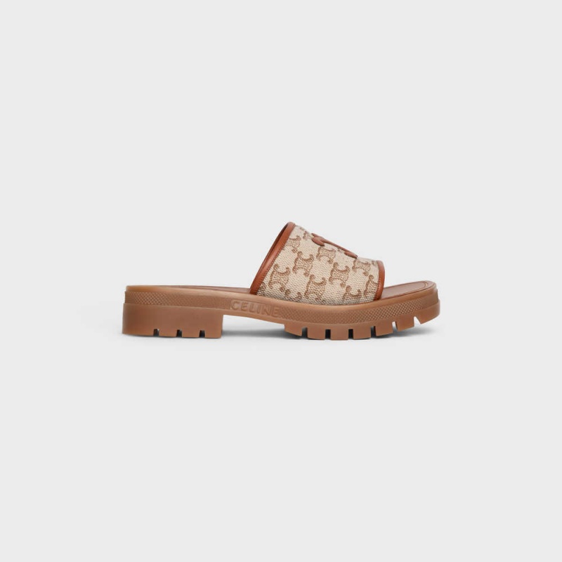 Celine Clea Triomphe Terlik In Triomphe Stamped Kanvas & Calfskin Sandalet Kahverengi Bej Rengi | CL-592569