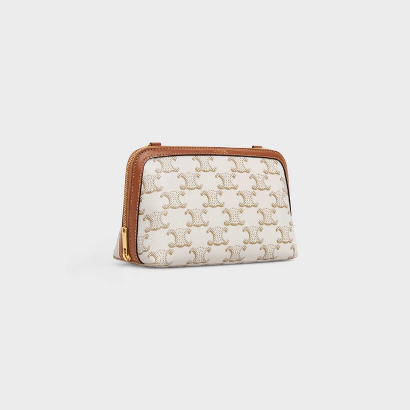 Celine Clutch With Chain In Triomphe Kanvas And Lambskin Mini Çanta Beyaz Kahverengi | CL-593032