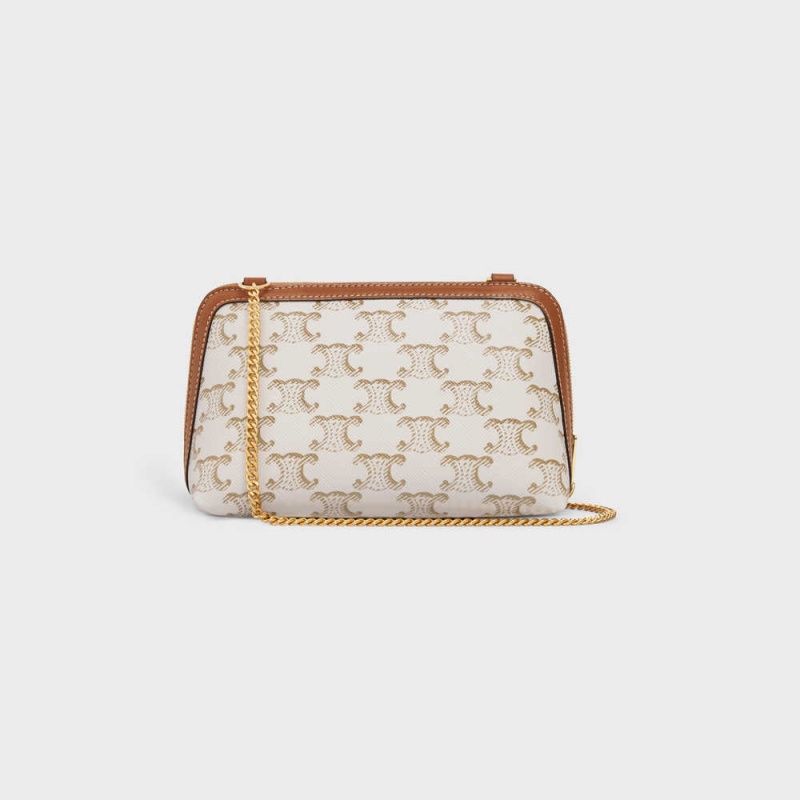 Celine Clutch With Chain In Triomphe Kanvas And Lambskin Mini Çanta Beyaz Kahverengi | CL-593032