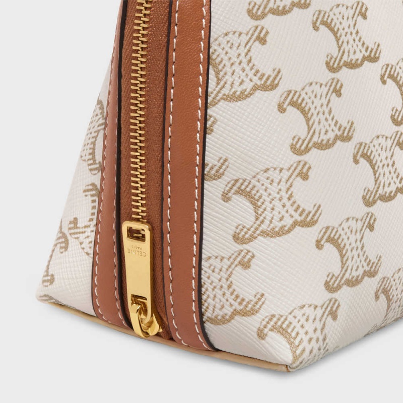 Celine Clutch With Chain In Triomphe Kanvas And Lambskin Mini Çanta Beyaz Kahverengi | CL-593032