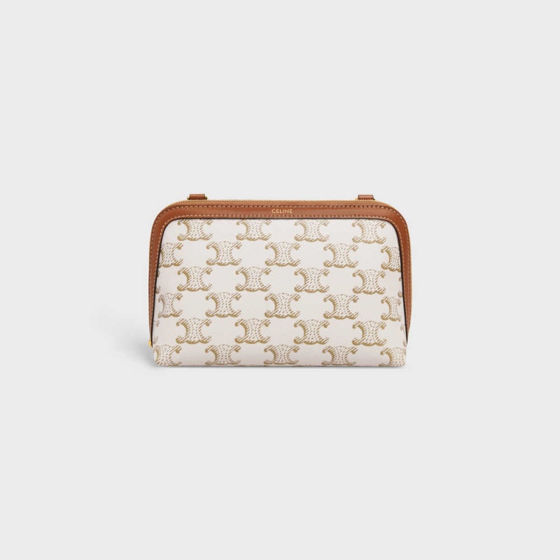 Celine Clutch With Chain In Triomphe Kanvas And Lambskin Mini Çanta Beyaz Kahverengi | CL-593032
