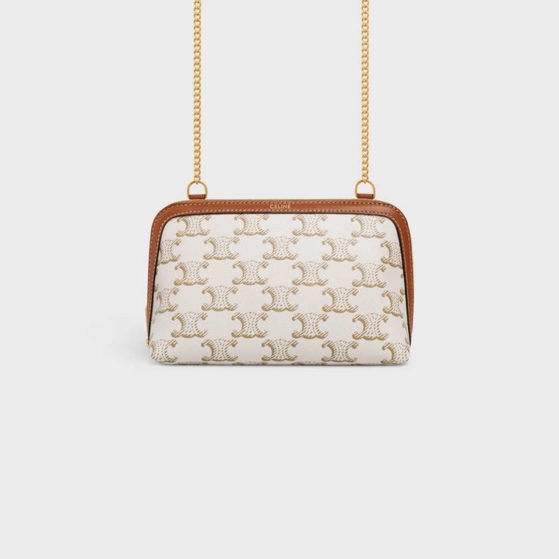Celine Clutch With Chain In Triomphe Kanvas And Lambskin Mini Çanta Beyaz Kahverengi | CL-593032