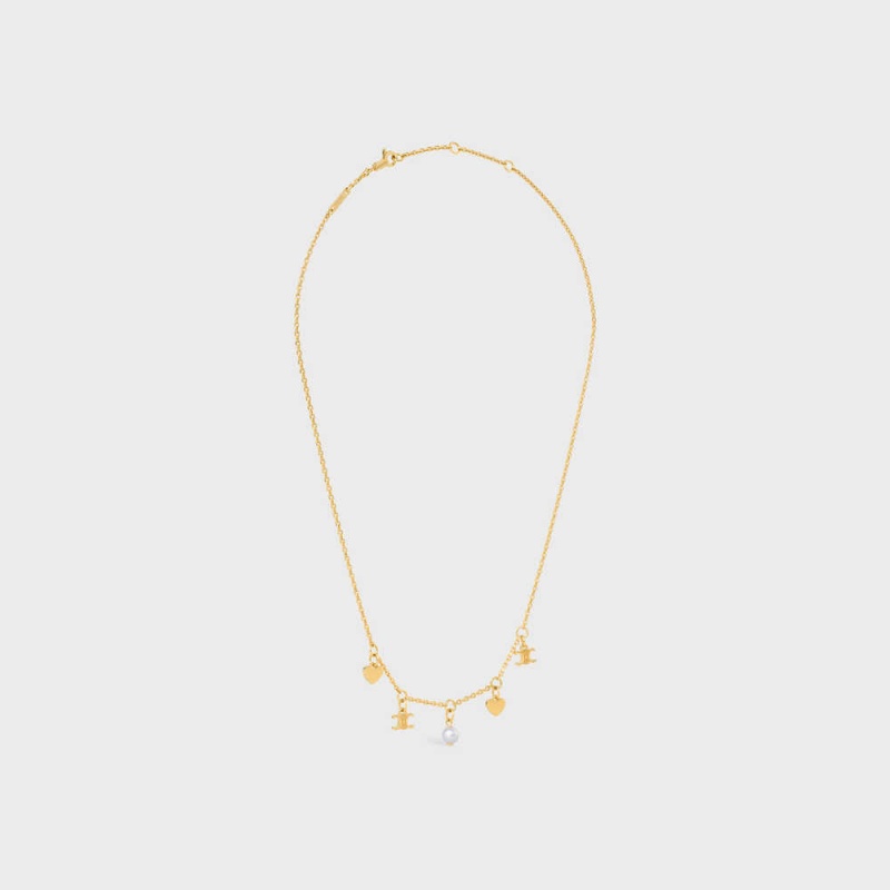 Celine CœUr Charms In Brass With Gold Finish And Resin Pearl Kolye Altın Beyaz | CL-592242