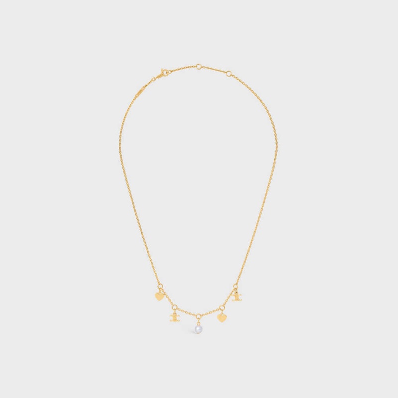 Celine CœUr Charms In Brass With Gold Finish And Resin Pearl Kolye Altın Beyaz | CL-592242
