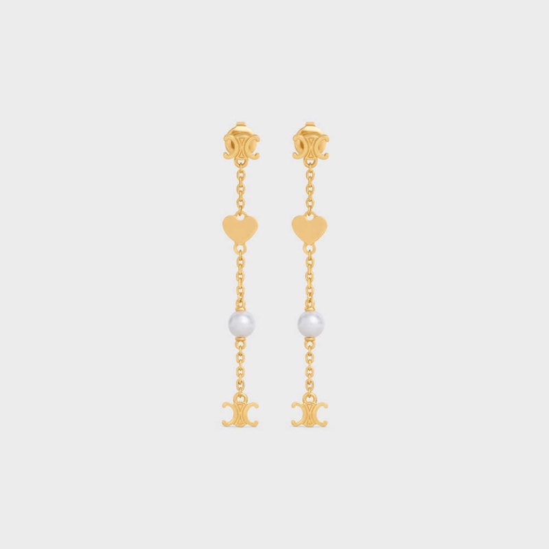 Celine CœUr Charms In Brass With Gold Finish And Resin Pearl Küpe Altın Beyaz | CL-592297