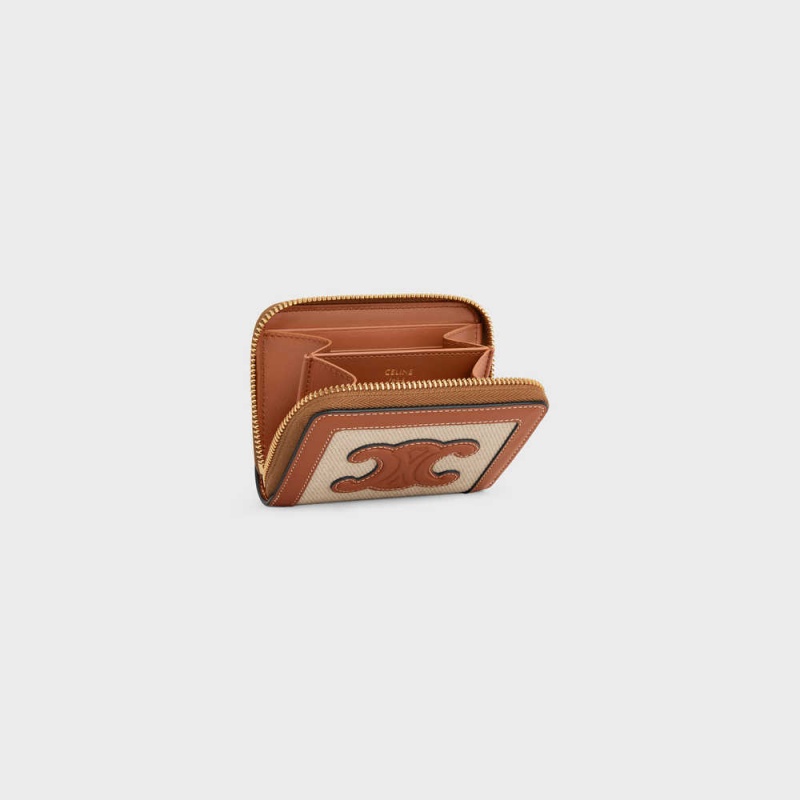 Celine Compact Zipped Cuir Triomphe In Tekstil And Calfskin Cüzdan Bej Rengi Kahverengi | CL-592997
