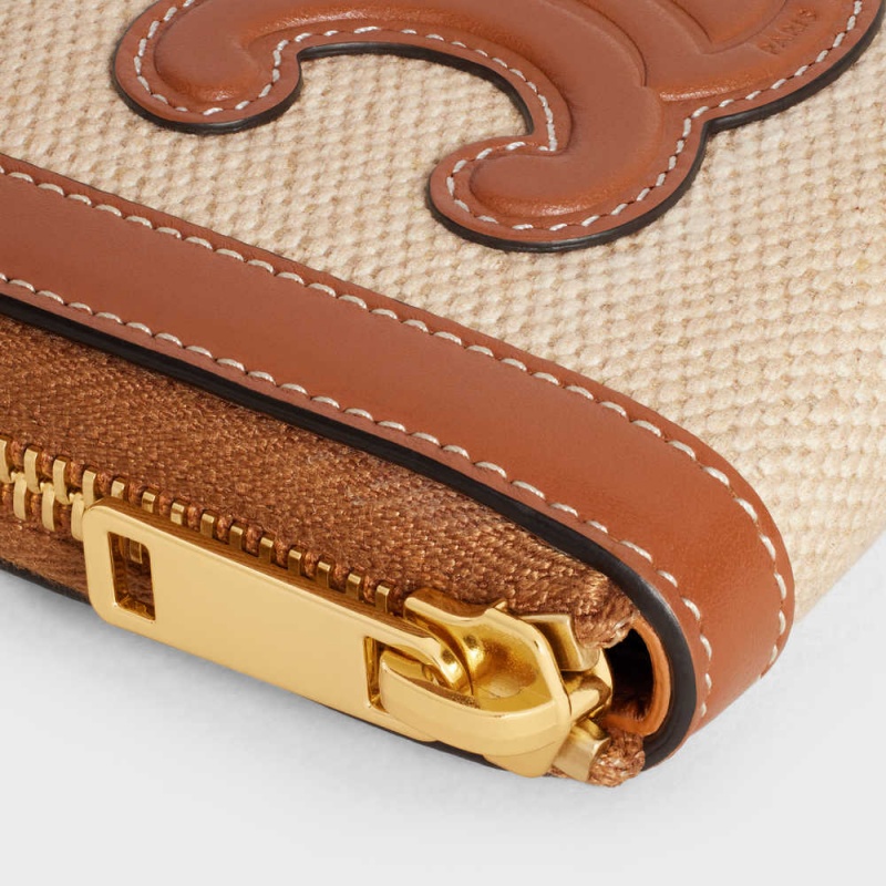 Celine Compact Zipped Cuir Triomphe In Tekstil And Calfskin Cüzdan Bej Rengi Kahverengi | CL-592997