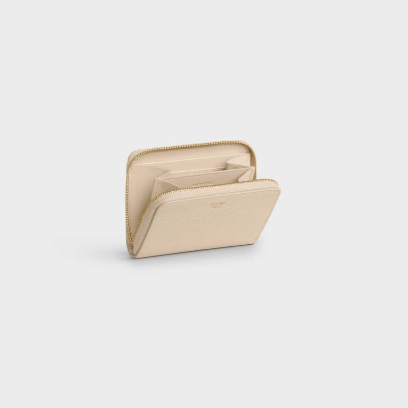 Celine Compact Zipped In Grained Calfskin Cüzdan Bej Rengi | CL-592999