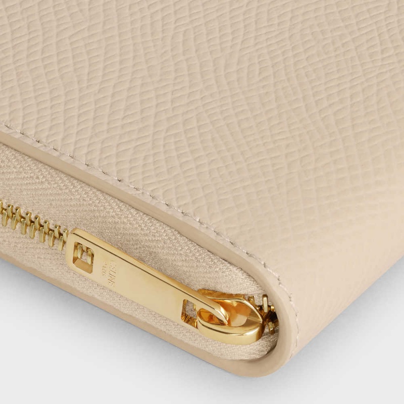 Celine Compact Zipped In Grained Calfskin Cüzdan Bej Rengi | CL-592999