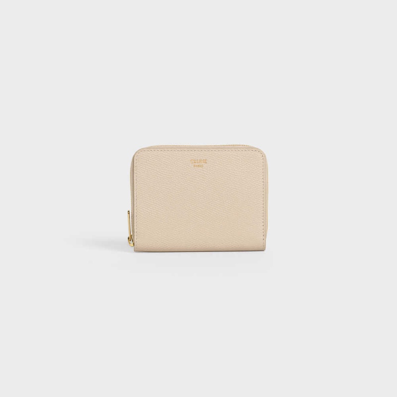 Celine Compact Zipped In Grained Calfskin Cüzdan Bej Rengi | CL-592999