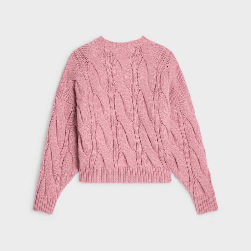 Celine Crew Neck In Cable-knit Cashmere And Silk Triko Pembe | CL-592707