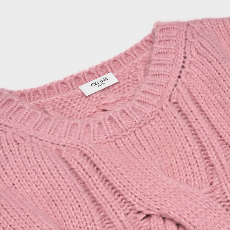 Celine Crew Neck In Cable-knit Cashmere And Silk Triko Pembe | CL-592707