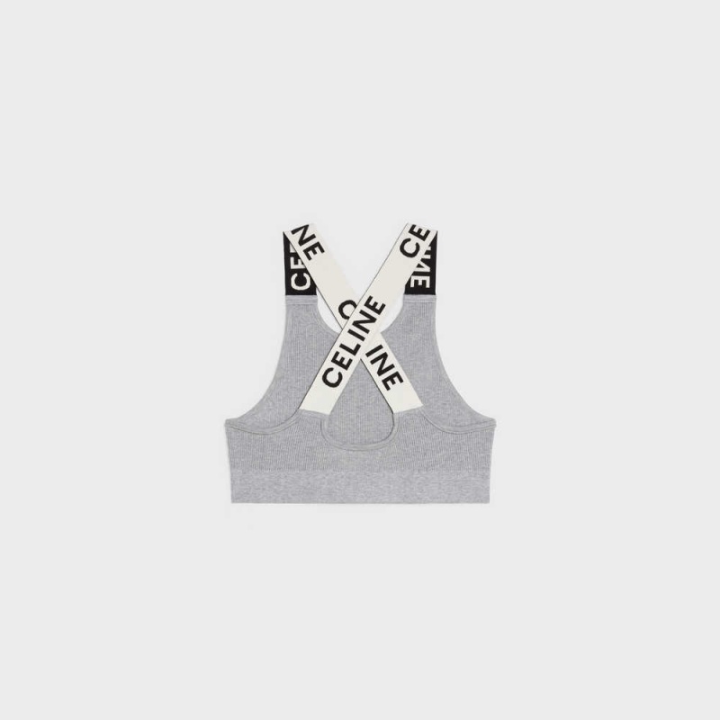 Celine Crossback Sports Bra In Atletik Knit Tişörtü Gri Beyaz | CL-592810