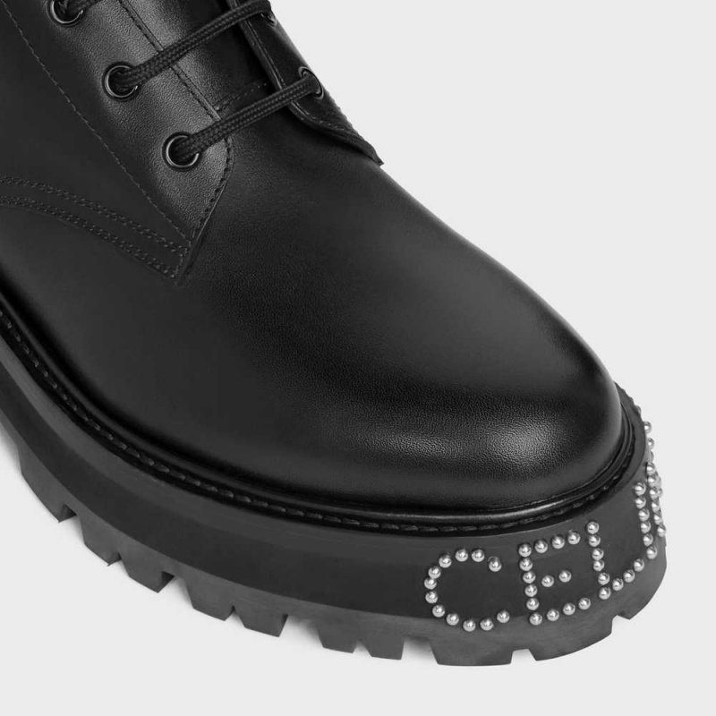 Celine Dantel-up With Triomphe And Studded Outsole Bulky In Shiny Bullskin Bot Siyah | CL-592508