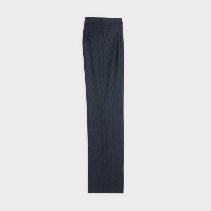 Celine Double-pleated Tixie In Çizgili Yün Pantolon Lacivert | CL-592735