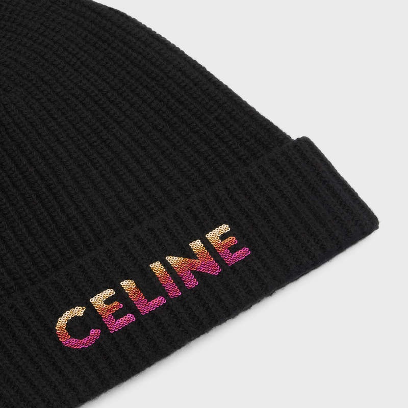 Celine Embroidered Beanie In Nervürlü Yün Şapka Siyah | CL-591718