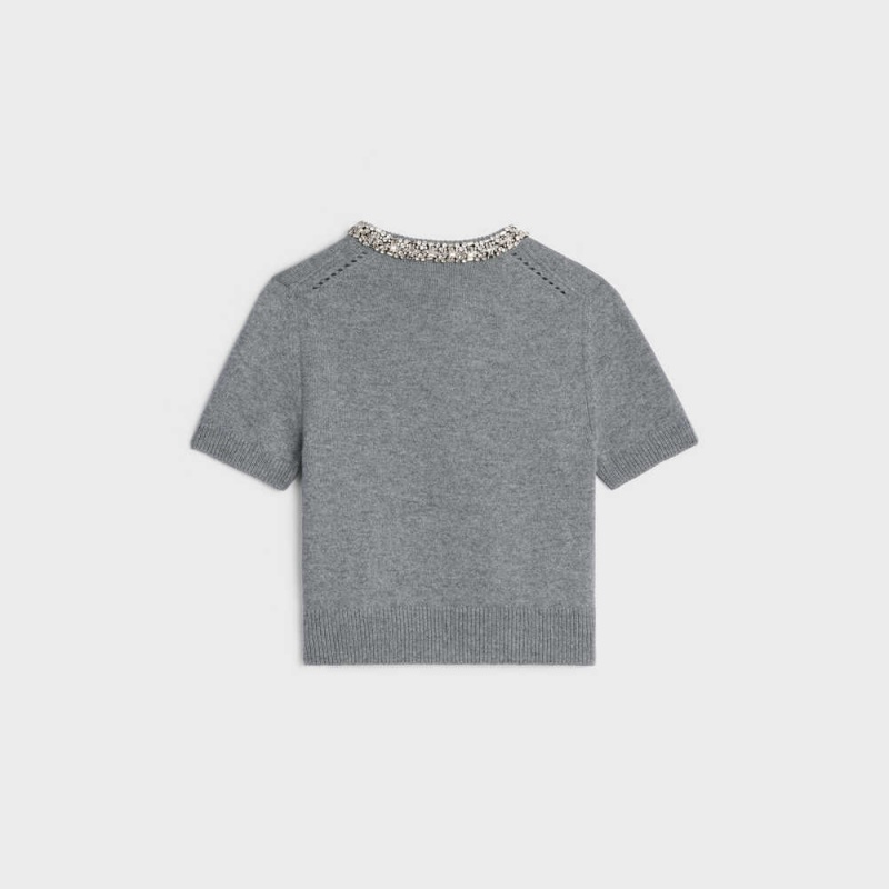 Celine Embroidered Cropped Cardigan In Cashmere Triko Gri | CL-592693