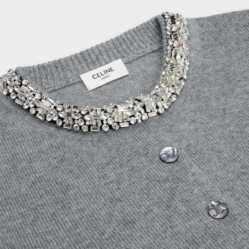 Celine Embroidered Cropped Cardigan In Cashmere Triko Gri | CL-592693