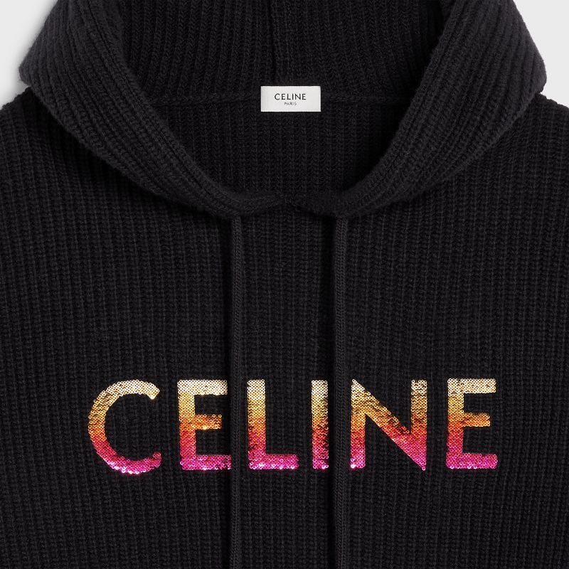 Celine Embroidered Kukuletalı In Nervürlü Yün Tişörtü Siyah | CL-592108