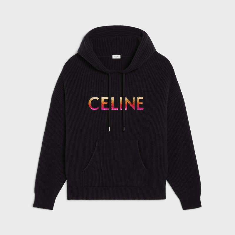 Celine Embroidered Kukuletalı In Nervürlü Yün Tişörtü Siyah | CL-592108