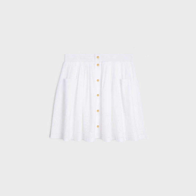 Celine Embroidered Smocked In Pamuklu Batiste Etek Beyaz | CL-592869