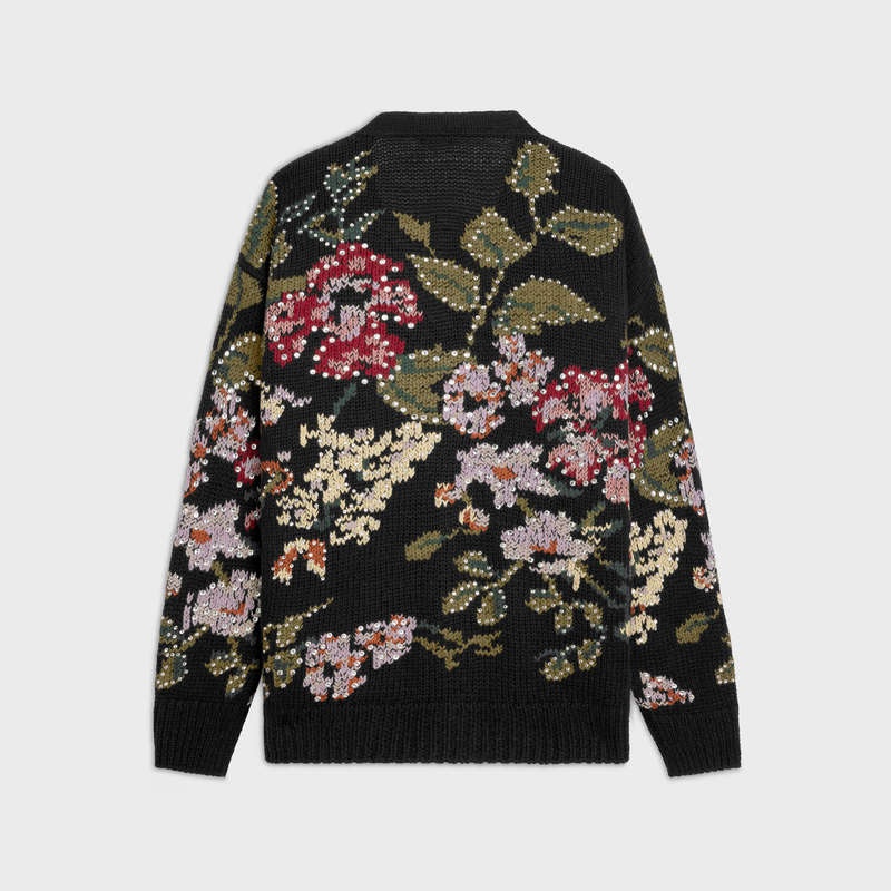 Celine Floral Embroidered Cardigan In Yün Triko Siyah | CL-592088