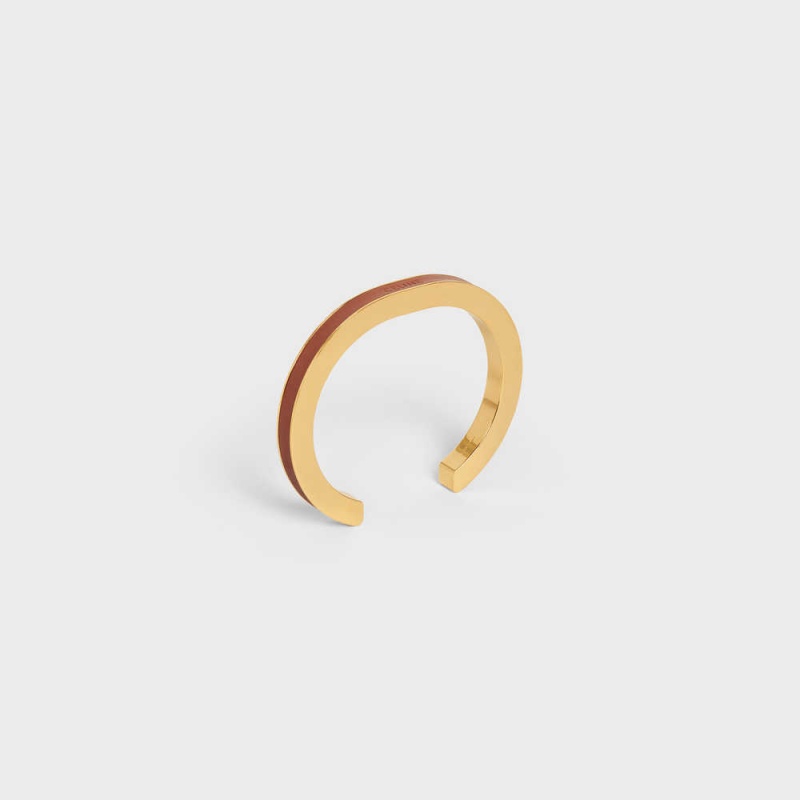 Celine Formes Simples Deri Cuff In Brass With Gold Finish And Calfskin Bilezik Altın Kahverengi | CL-592214