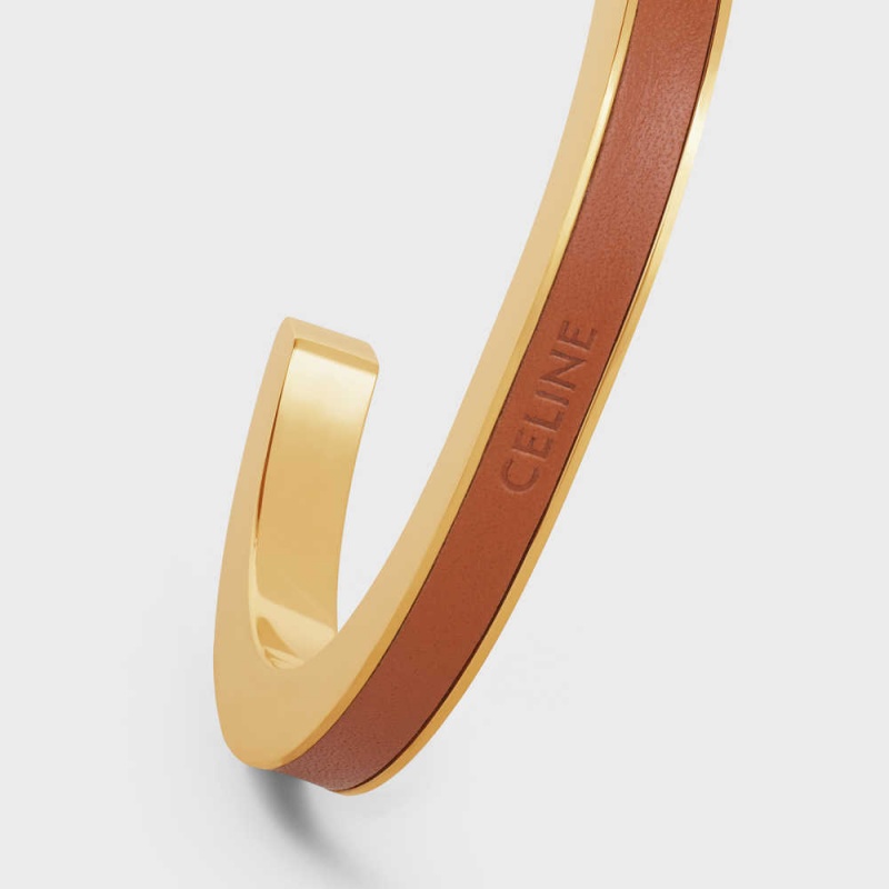Celine Formes Simples Deri Cuff In Brass With Gold Finish And Calfskin Bilezik Altın Kahverengi | CL-592214