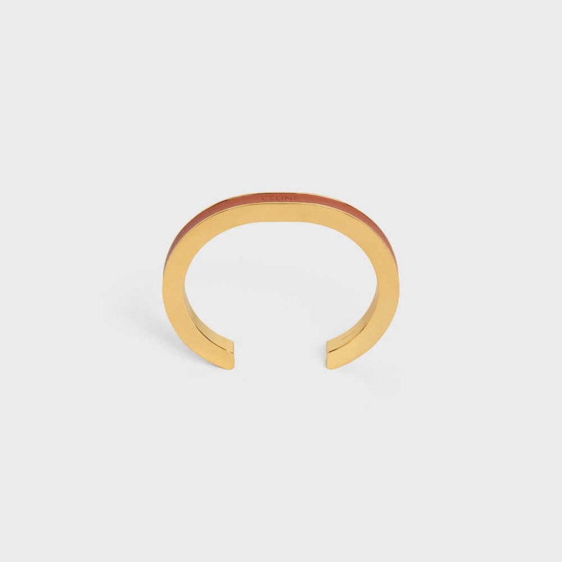 Celine Formes Simples Deri Cuff In Brass With Gold Finish And Calfskin Bilezik Altın Kahverengi | CL-592214