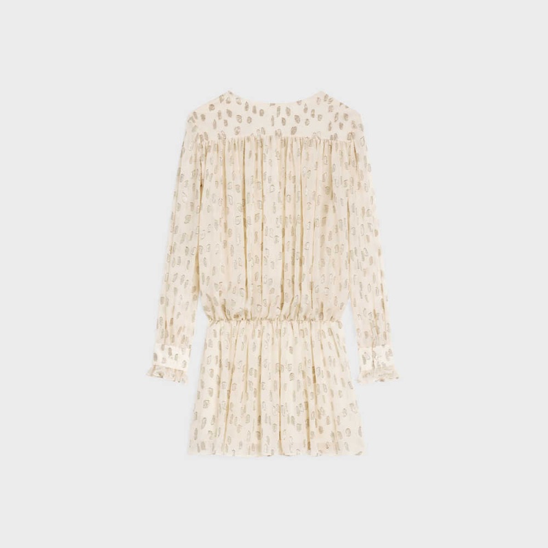 Celine Gathered Mini In Fil Coupé Silk Lamé Elbise Açık Sarı | CL-592851