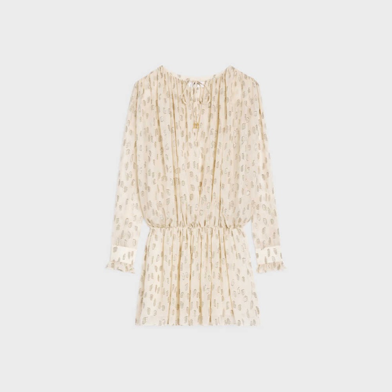 Celine Gathered Mini In Fil Coupé Silk Lamé Elbise Açık Sarı | CL-592851