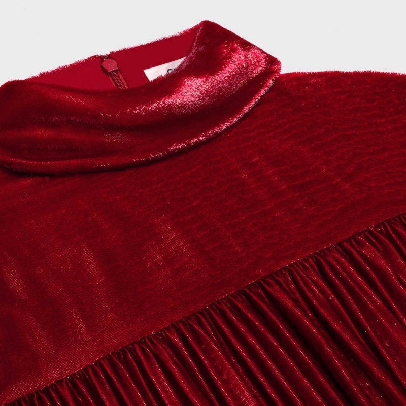 Celine Gathered Mini In Flowing Velvet Lamé Elbise Koyu Kırmızı | CL-592843