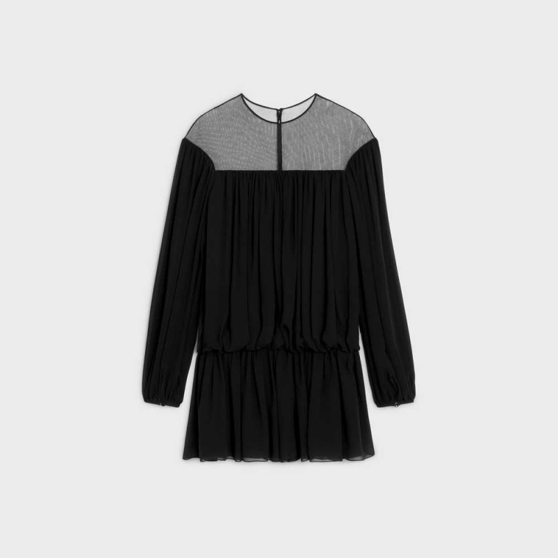 Celine Gathered Mini In Silk Georgette Elbise Siyah | CL-592841