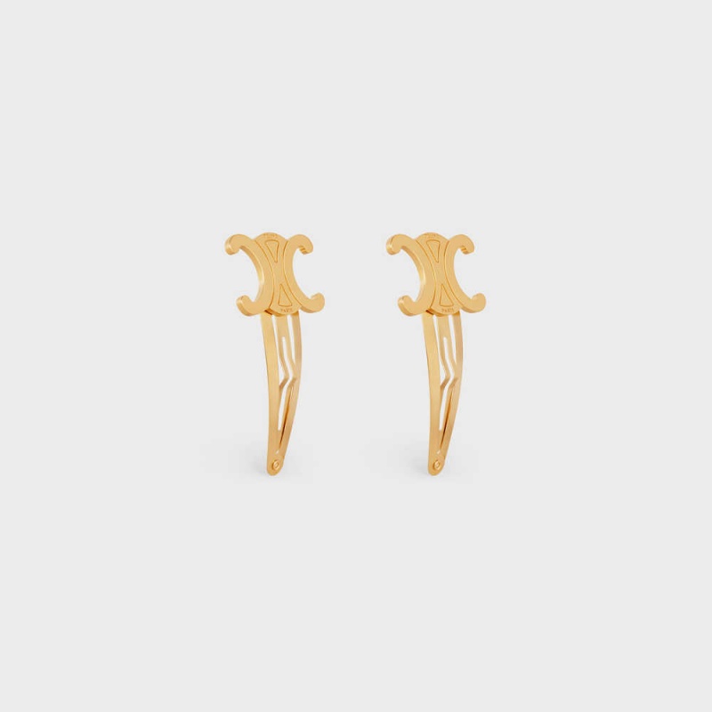 Celine Hair Accessories Set Of 2 Triomphe Snap Hair Clips In Brass With Gold Finish And Steel Saç aksesuarları Altın | CL-592316