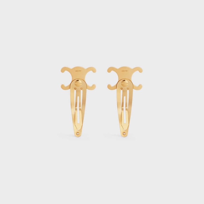 Celine Hair Accessories Set Of 2 Triomphe Snap Hair Clips In Brass With Gold Finish And Steel Saç aksesuarları Altın | CL-592316